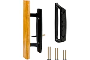 TPard Sliding Glass Patio Door Handle Replacement Set with Oak Wood Inside Handles and Zinc Diecast Outside Pull, 3-15/16" Hole Spacing, Non-Handed, Black