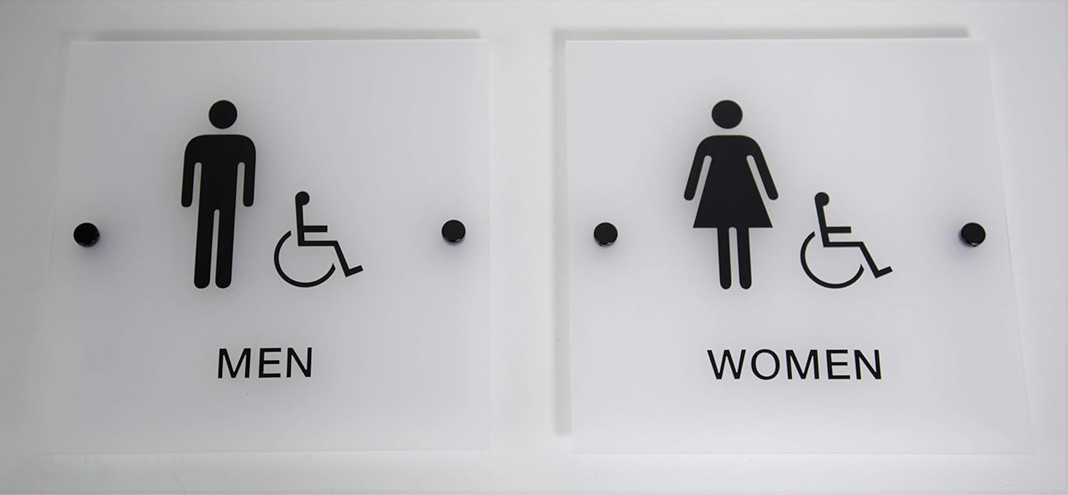 Designer ADA Men Women Restroom Sign Set with Braille and Stand Off Mounts, 9" Square Frosted