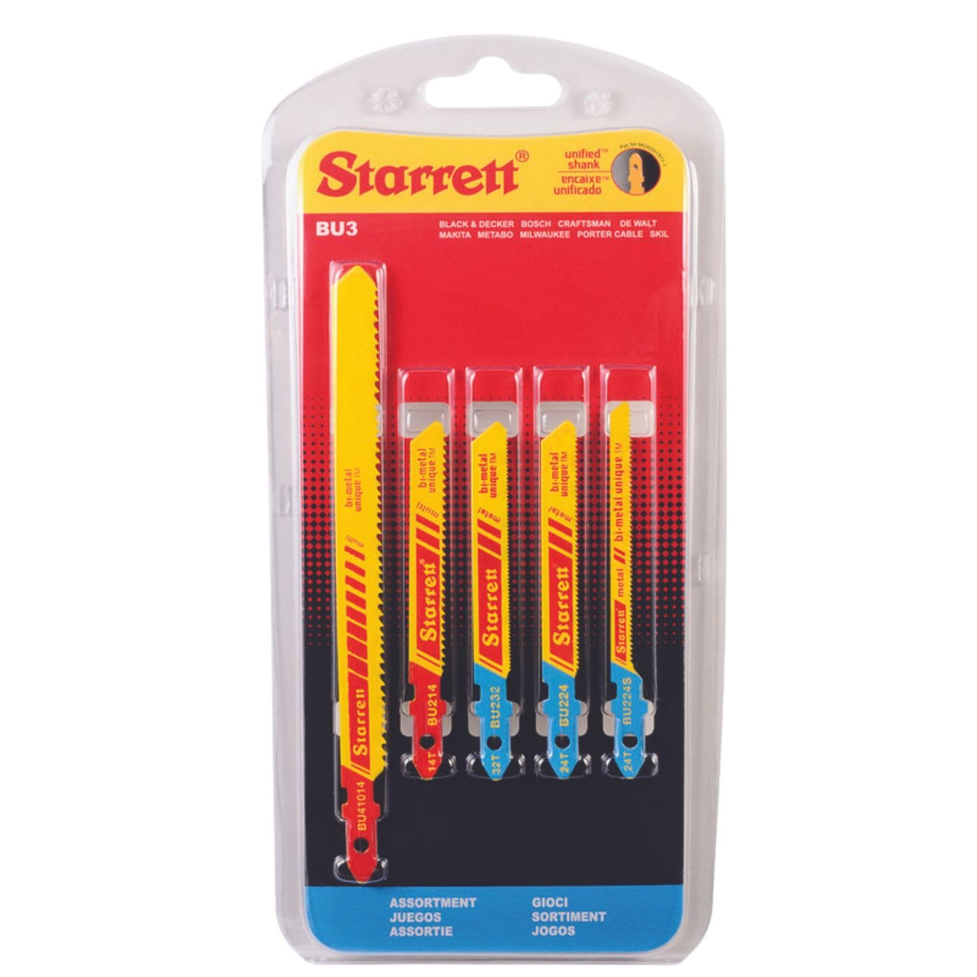 Starrett Assorted Metal Cutting Jigsaw Blade Set - 5-Pieces - Various Lengths & TPI - Unified Shank Bi-Metal Saw Blade Set - BU3