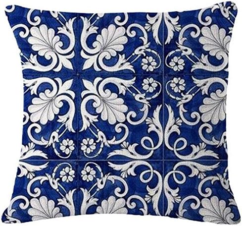 Retro Style Blue And White Porcelain Bohemian Floral Design Dark Blue Background Cotton Linen Decorative Throw Pillowcase Cushion Cover Square 18 "X18 "