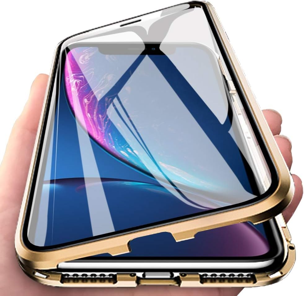 Eabuy iPhone XR Case, 360° Full Body Transparent Tempered Glass with Magnetic Adsorption Metal Bumper Case Cover for iPhone XR Gold