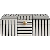 Bloomingville Plastic Storage Box with Striped Block Pattern and Gold Knob, Black and White