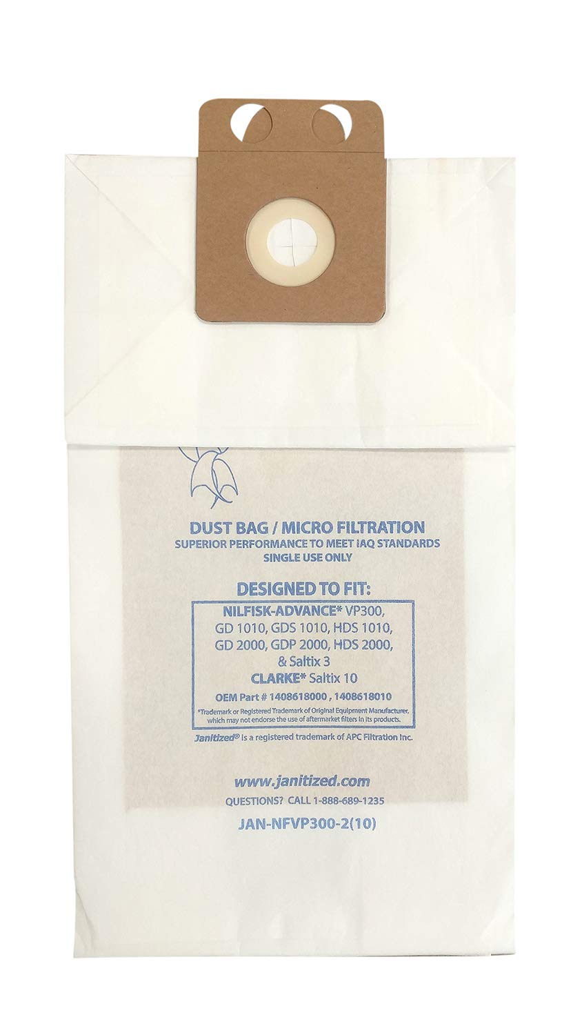 Photo 1 of Janitized JAN-NFVP300-2(10) Premium Replacement Commercial Vacuum Bag Designed to Fit Nilfisk GD 1010 & VP 300. OEM# 1408618000, 1408618010 (Case of 100)