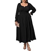 SHESTARR Plus Size Maxi Dresses for Curvy Women Wedding Guest Long Sleeve Square Neck Smocked Empire Waist Slit Long Dress