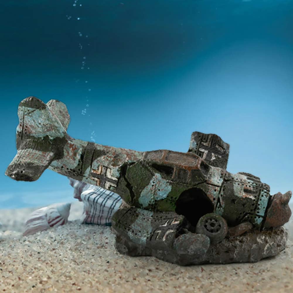 capetsma Airplane Wreck Aquarium Fish Tank Ornament Decoration, Resin Cave Aquarium Decor Fish hideouts