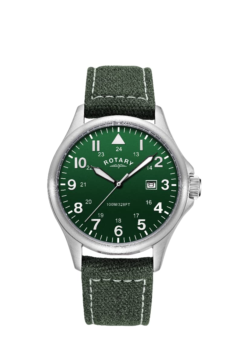 Rotary Mens Pilot Analogue Quartz Watch with Green Dial and Green Canvas Strap GS00473/56