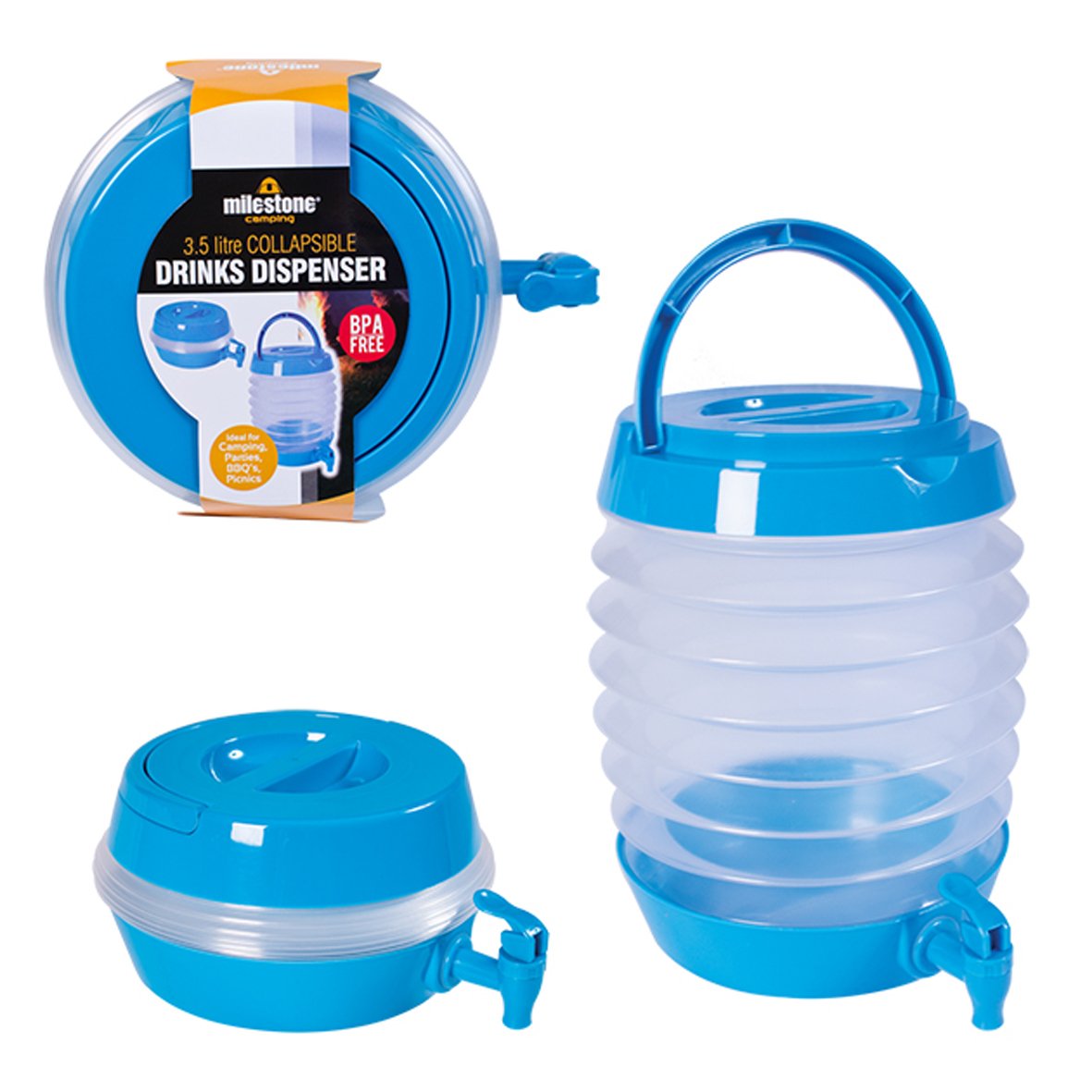 Milestone Camping Drink Dispenser ~ Collapsible ~ 3.5 Litre ~ Blue ~ 24820
