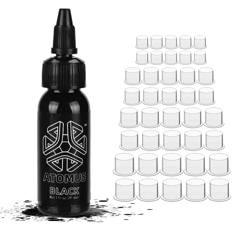 ATOMUS Tattoo Ink Black 30ml Tattoo Supply Pigment Natural Plant Permanent Makeup with 10pcs S M L XL Ink Cups