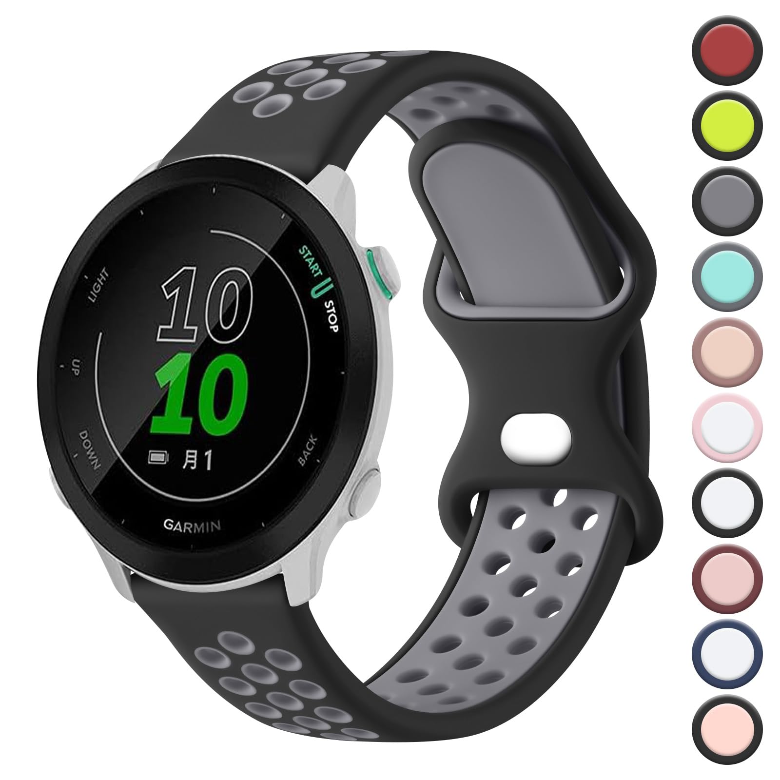 Double Colour Strap for Garmin Forefunner 55/245 /645 Watch Band, 20mm Adjustable Soft Silicone Replacement Strap for Forerunner 55/245/645 Music(Black/Grey)