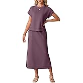 GRECERELLE Women Summer Casual Wrinkle-Free 2 Piece Sets Round Neck Top & Elastic Waist Maxi Side Slit Skirt with Pockets