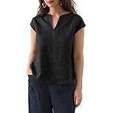 Amazhiyu Women's 100% Linen V Neck Cap Sleeve Blouse Basic Casual Summer Top