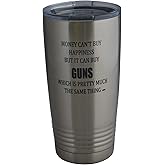 Rogue River Tactical Funny Hunting 20 Oz.Travel Tumbler Mug Cup Money Happiness Guns w/Lid Stainless Steel Hot or Cold Gift