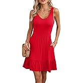 LILBETTER Women's Sleeveless Casual V Neck Summer Sundresses Pleated Ruffle Hem Knee Length Tank Dress with Pockets