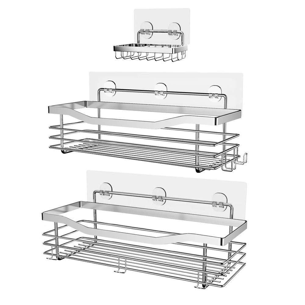 Orimade Shower Caddy Basket Soap Dish Holder Shelf with 5 Hooks Bathroom Organiser Shelf Kitchen Storage Rack Wall Mounted Adhesive No Drilling SUS304 Stainless Steel - 3 Pack