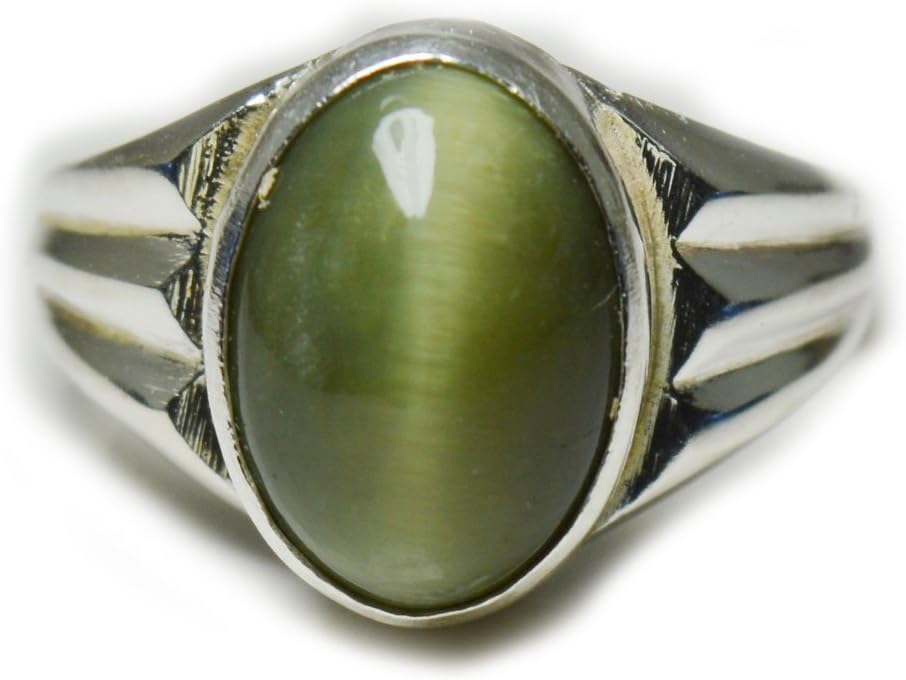 GemsOnClick Natural Green Cat's Eye Gemston 925 Silver Ring 3 Carat Chakra Healing Astrological Size H-Z