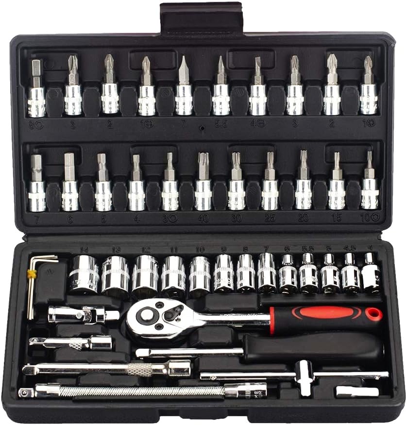 LATERN 46Pcs Socket Wrench Kit, 34Pcs 1/4'' Drive Socket Wrench Bits & Driver - with Flexible Extension Rods, Quick Release Reversible Ratchet, Wrench Handle - for Home Car Repair
