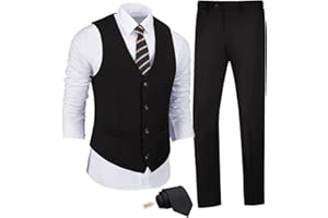 JPF Men's 2 Piece Slim Fit Suit Set, Solid Vest and Pants Suit for Men with Tie