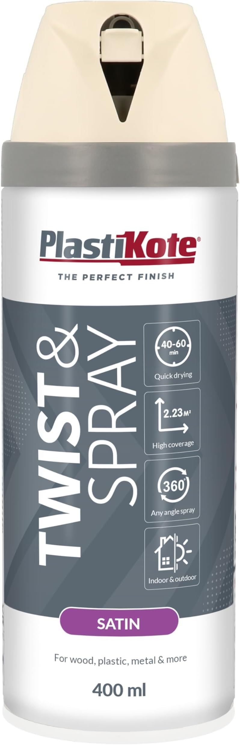 PlastiKote 22101 400ml Premium Spray Paint Satin White Wood Metal Plastic Stone