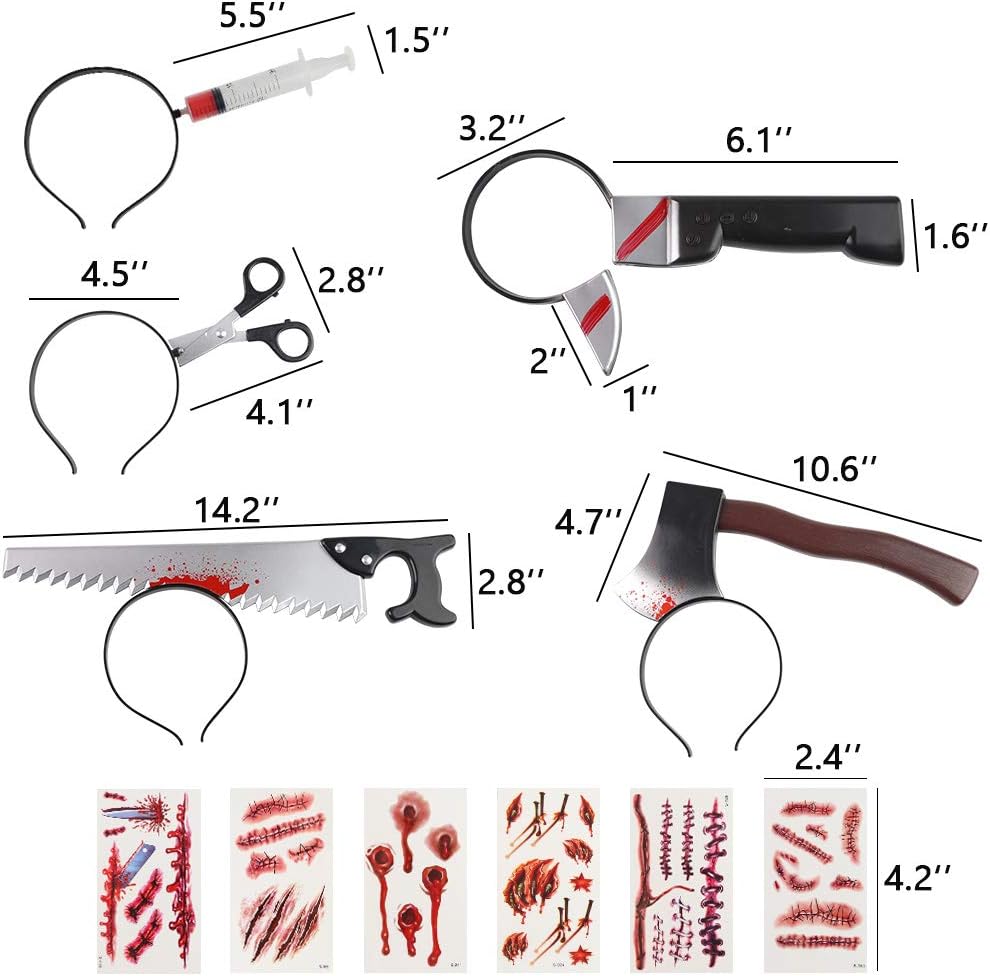 BigOtters Halloween Headbands, 23PCS Halloween Horror Set Including 5PCS Headwear Cleaver Bloody Headpieces and 18PCS Zombie Tattoos Stickers for Tricky Toys Costume Party Supplies: Health & Personal Care