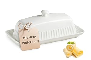 YHOJOY Ceramic Butter Dish with Lid, White Butter Holder Container with Porcelain Cover Knob Handle, Butter Dishes for Countertop Refrigerator, Perfect for East West Coast Butter Storage, Striped