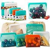 BluePerlOne 100% Silicone Bags Reusable Storage - Freezer Bags - 6 Reusable Silicone Bags For Food Storage with Two of each (1/2 Gal, Large and Medium) and Complementary Cotton Mesh Bags