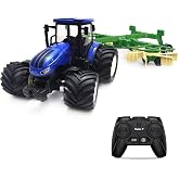 RC Truck Farm Tractor with 2 Rechargeable Batteries - 2.4G 1/24 High Simulation Construction Vehicle with Dual Rotary Swath Windrower，Remote Control Toy with Lights, Hobby Model Toys for Kids 3-6