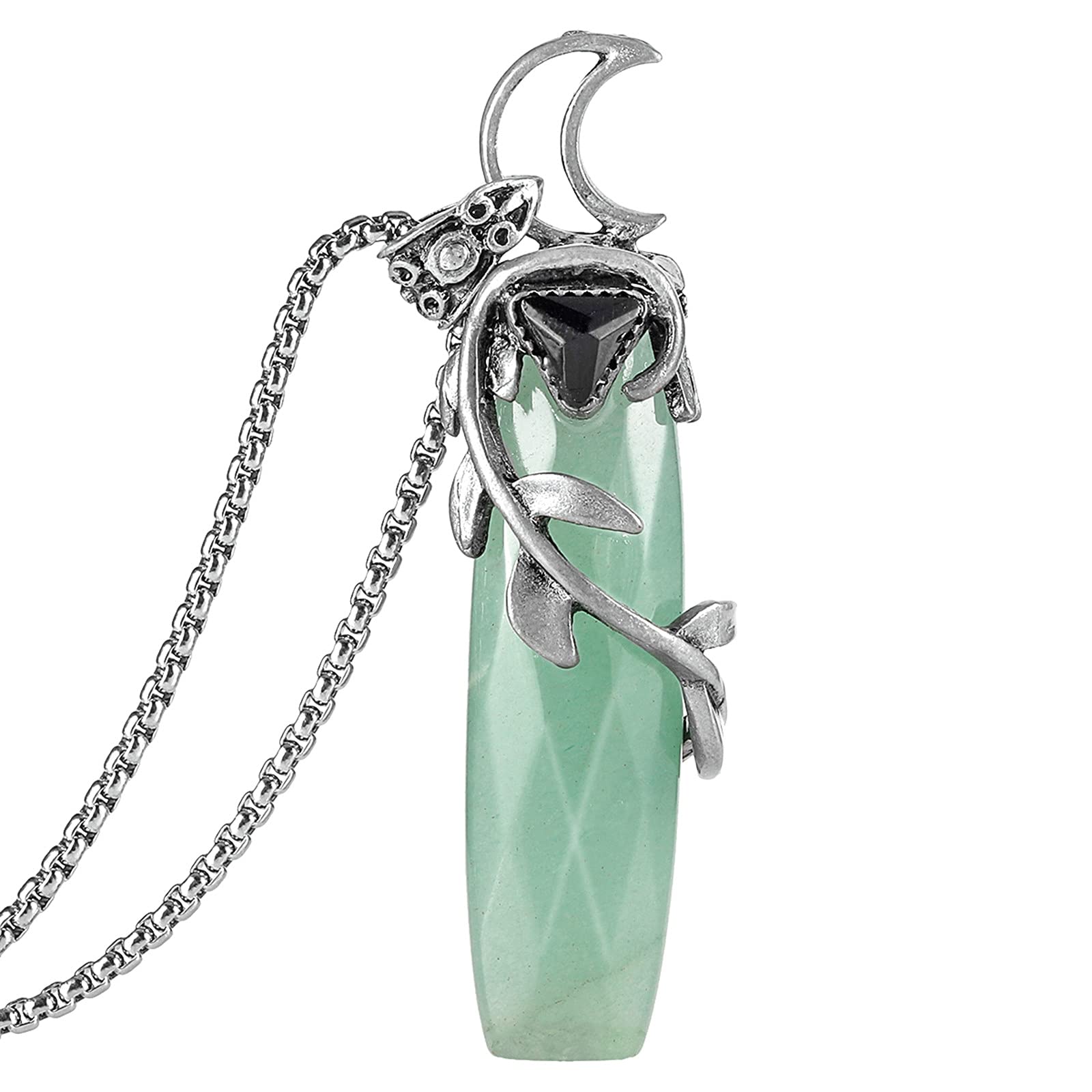 Nupuyai Vintage Moon Green Aventurine Crystal Stone Necklace for Women, Leaves Wrapped Protection Energy Stone Pendant with Chain 50cm
