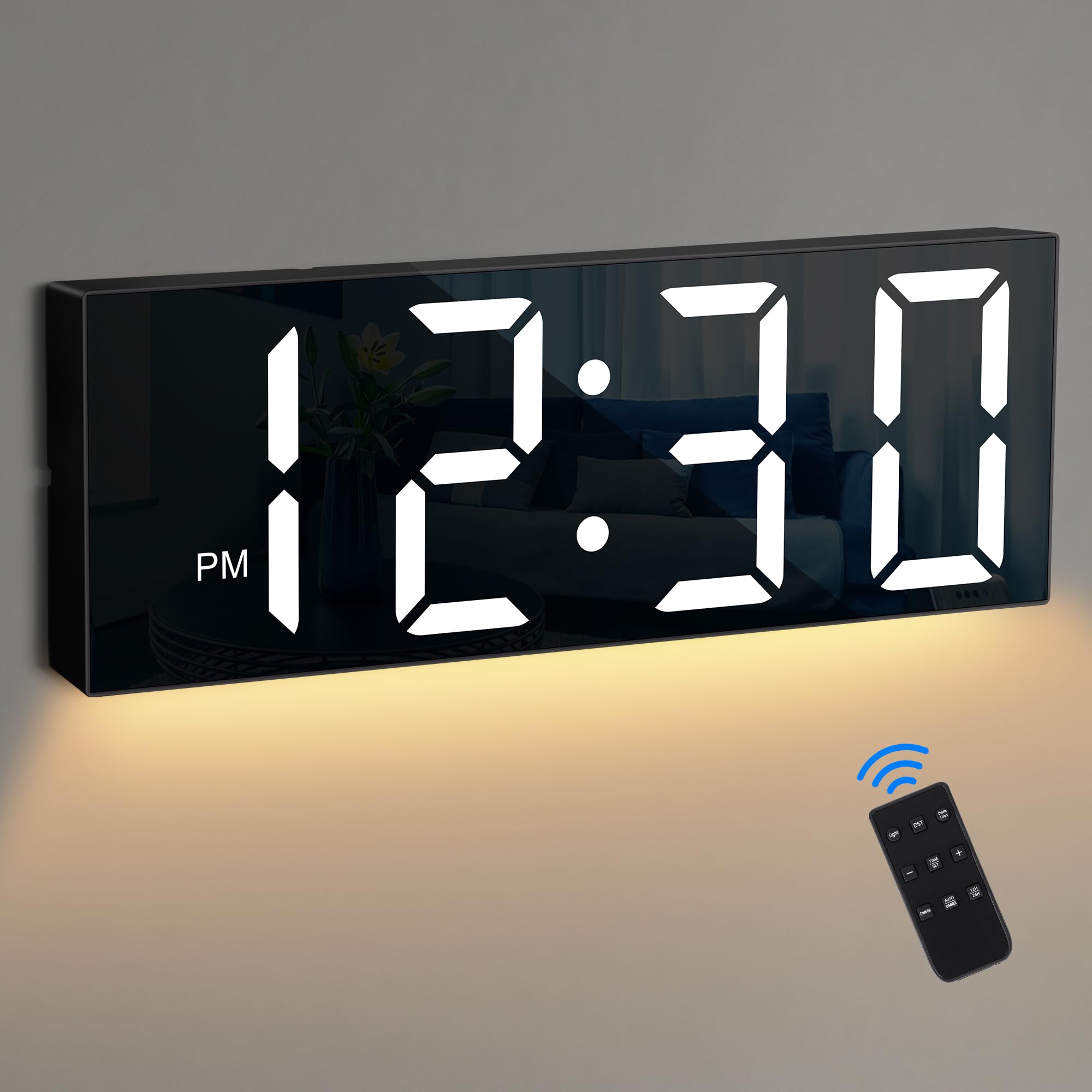 Sukeen Night Light Wall Clock Digital Clock,11.81” Large Digital Wall Clock with Remote Control/Large Display/8 Colors/Adjustable Dimmer, Black Clock Wall for Bedroom,Living Room,School,Office,Garage
