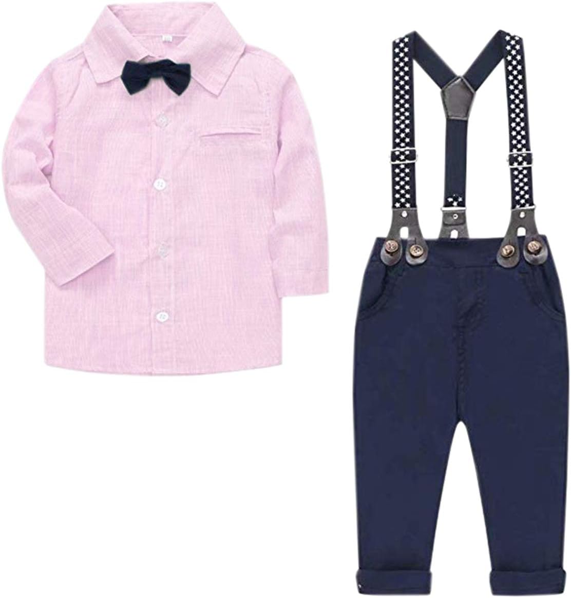 Baby Boys Clothes, Long Sleeves Dress Shirt Dress Shirt and Suspender Pants Set Tuxedo Gentlemen Outfit with Bow Tie for Newborn Toddlers Baby Boys, S01 Pink, Tag 90 = 18-24 Months
