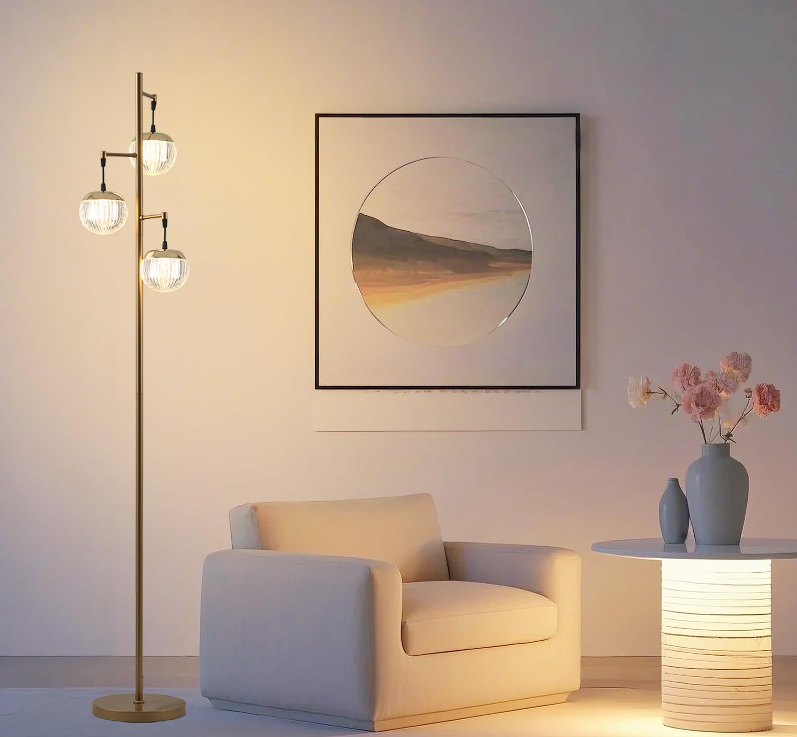 Photo 1 of Fiqevs Mid Century Modern Floor Lamp with LED Bulbs, 3 Globe Standing Lamp with 3 Ribbed Clear Orb Shades, Gold Tall Lamp for Living Room Bedroom Office - Antique Brass