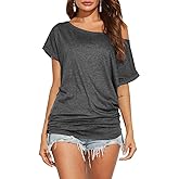 Poetsky Women's Summer Off Shoulder Shirts Casual Loose Short Sleeve Tunics Tops