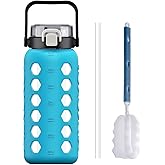 MUKOKO Half Gallon/64 oz Glass Water Bottles with Straw and Lid,Motivational Water Jug with Time Marker Reminder and Silicone Sleeve,100% Leakproof BPA Free Fitness Sports Large Bottle-Teal