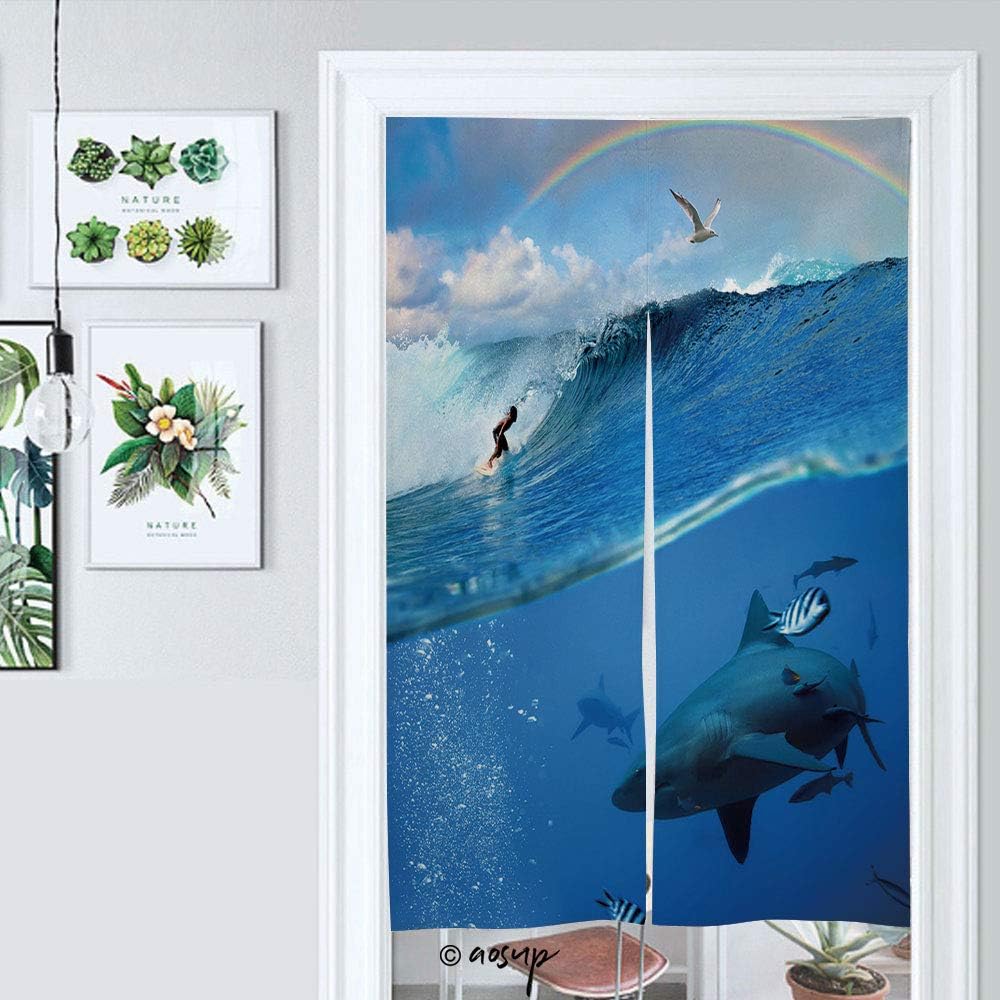 Homenon Hanging Japanese Noren Curtain Surfboards Glide On Waves and Bull Sharks Swimming Underw Custom Made Curtain Doorway Panel Room Dividers for Partition Home Restaurant W33.5 x L59 №014053