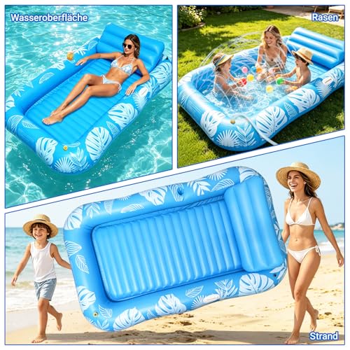 Inflatable Pool Mattress, Tanning Pool Adult with Cup Holder, Handles and Backrest, 200 × 124 cm Tanning Pool Hammock Water Tanning Mat for Garden Parties, Beach and Pool