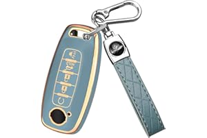 QBUC Key Fob Cover for Nissan,Car Key Fob Protector 5 Buttons Key Case Protection Compatible with 2023 2024 Pathfinder Rogue Metal Keychain Remote Key Accessories Protector (Gold-Blue)