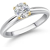 Gem Stone King 10K Two Tone Gold Gemstone Birthstone Solitaire Engagement Ring For Women | Round 4MM | Wedding Anniversary Promise Ring | Sizes 5, 6, 7, 8, 9