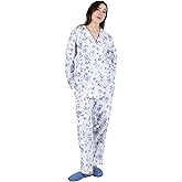 LA CERA Women's Cotton Lace Trimmed Cotton Flannel Pajama Set, 100% Cotton, Full Button Front Top, Long Sleeves, White/Blue, Large