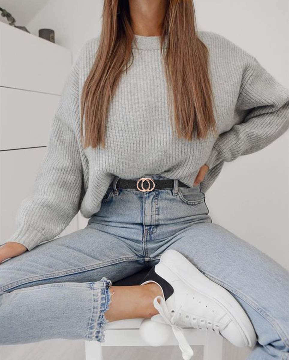 Women\'s Leather Skinny Belts for Dress Jeans Pants Fashion Soft Leather Waist Belts with Double O-Ring Buckle