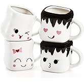Hedume Set of 4 Cute Ceramic Hot Chocolate Mugs with Handle, Coffee Mug Set, Couple Matching Mugs, Perfect for Anniversary Christmas Wedding Valentine's Day