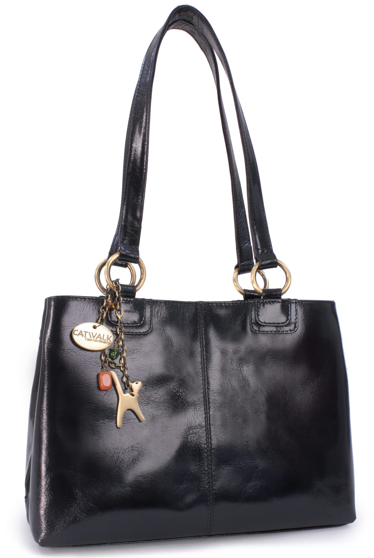 Catwalk Collection Handbags - Patent Leather Shoulder Bag For Women - Medium Tote Bag - Handbag With Multiple Compartments - Bellstone - Black