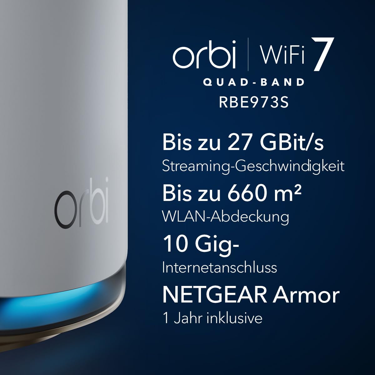 NETGEAR Orbi Serie 970 | Mesh-WiFi-7-System | WiFi-7-Router und 2 Satelliten | bis zu 27 Gbit/s | Abdeckung bis 660 m² und 200 Geräte | 10-GB-Ethernet-Port | Quad-Band BE27000 | RBE973 | Weiß 2