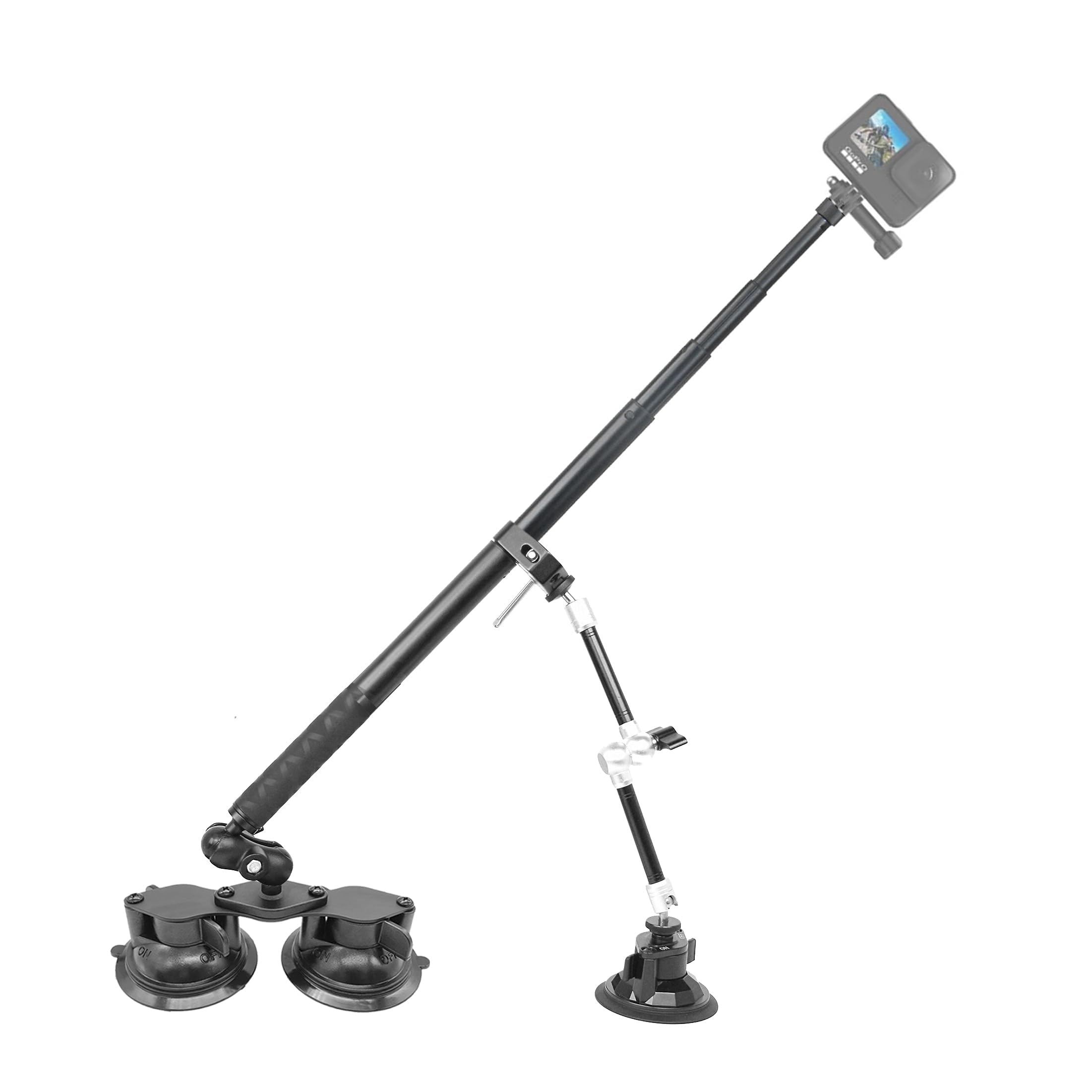 Fotoleey Camera Car Mount Kit for Insta360 X4/X3/X2, Ace Pro, Go 3S, GoPro Hero 13, Hero 12, Hero 11, with Triple Suction Cup, Adjustable Long Arm, Stable Mounting System, Including Extension Rod