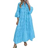 Ru Sweet Womens Elegant Lace Embroidered Eyelet Maxi Dress V-Neck Trumpet Sleeve Ruffle Boho Flowy Swing Dress