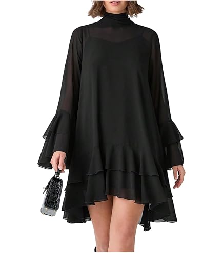 ENGWO Women's Semi Sheer Chiffon Ruffle Dress with Outer Cape, Poncho Sleeve Flowy Mini Dress, Loose Fit Elegant Summer Dress (Small,Apricot) at Amazon Women's Clothing store