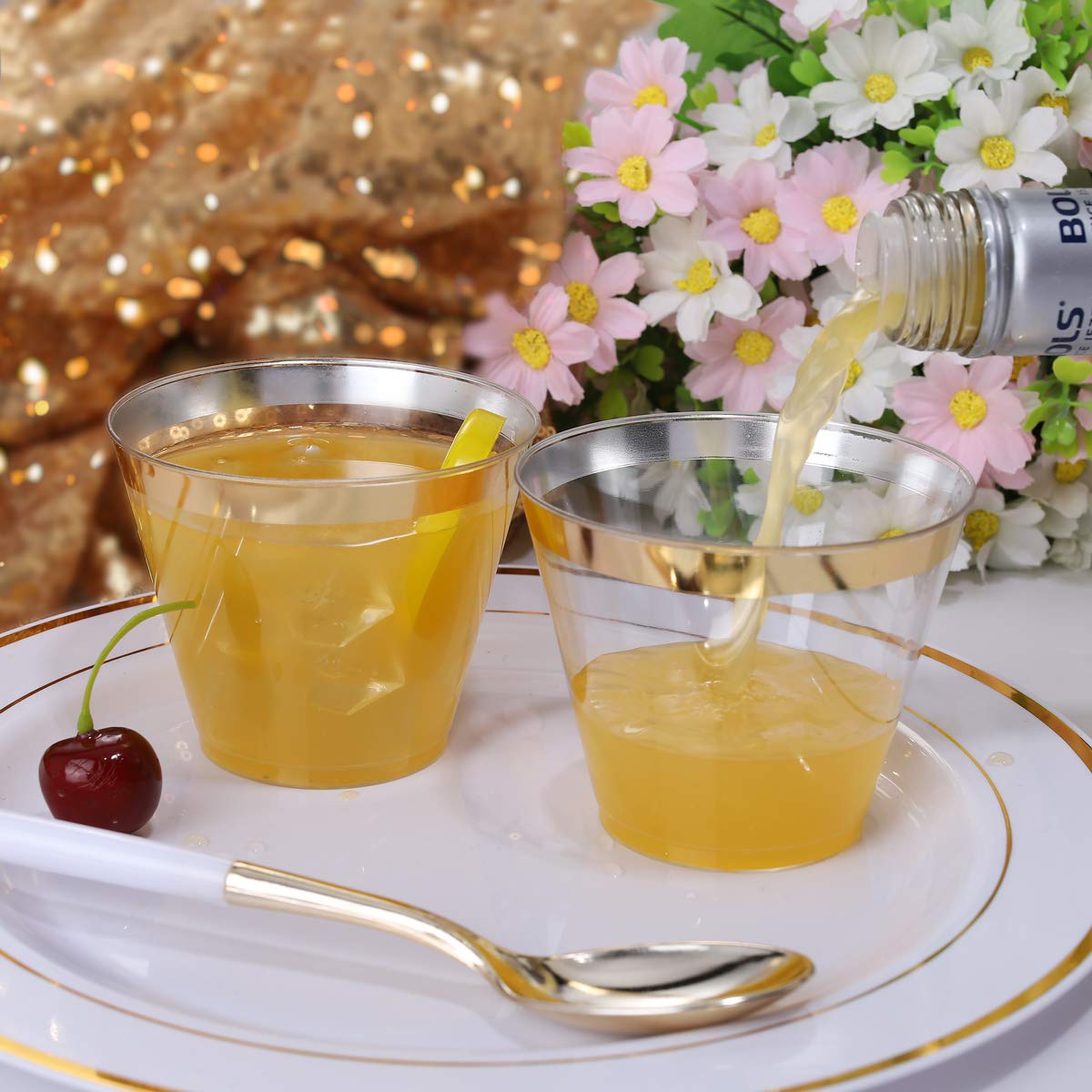 I00000 200 Pack Gold Rimmed Plastic Cups, 9 Oz Clear Disposable | Wedding Cup | Elegant Party Cups | Wine Glasses | Cocktail Glasses | Drinking Tumblers