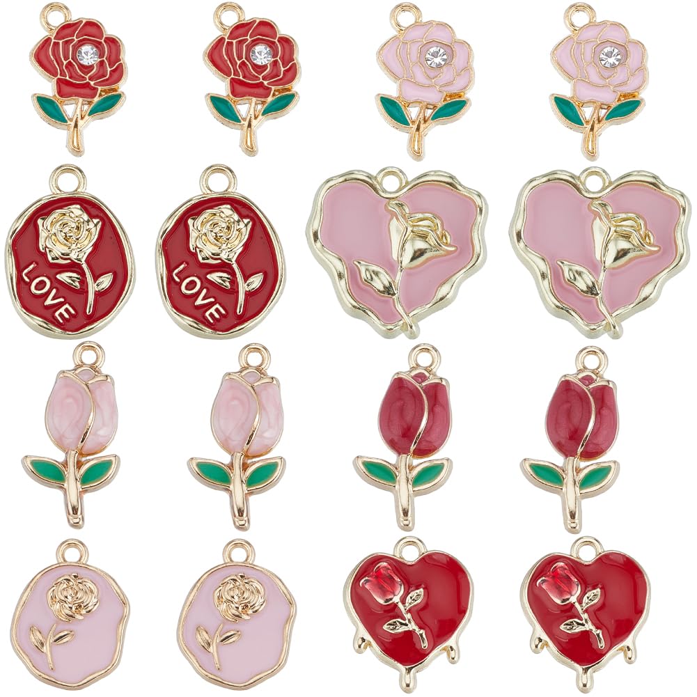 SUNNYCLUE 1 Box 32Pcs Valentine Day Charms Rose Flower Charms Rose Charms Bulk Pink Red Rose Charm Sweet Love Charms Valentine Charm for jewellery Making Charms DIY Earrings Bracelet Necklace Gifts
