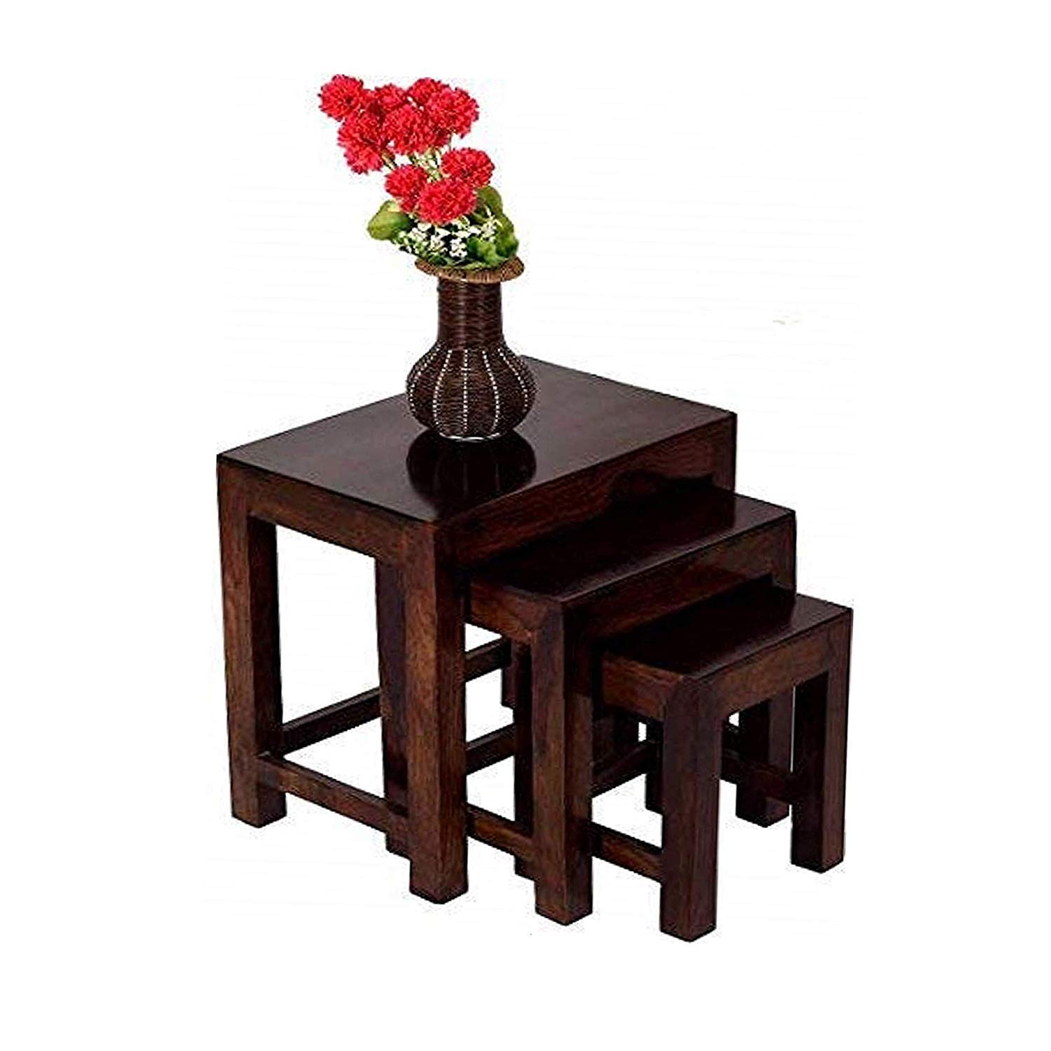 Cherry Wood Sheesham Wood Bedside Nesting Table Cum Stools Set of 3 for Living Room Home Bedroom and Office (Walnut...