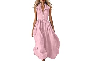 Summer Dress for Women Sleeveless Collared Button Down V Neck High Waist Flowy Midi Shirt Dresses Summer Casual Vacation