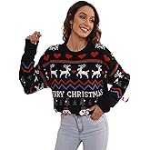 Amegoya Women's Funny Ugly Christmas Knitted Sweaters Crewneck Cute Reindeer Sweater Pullover for Holiday Party