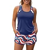 Pimpimsky Two Piece Tankini Swimsuits for Women, Tummy Control Bathing Suit with Shorts, Athletic Swimwear with Pockets